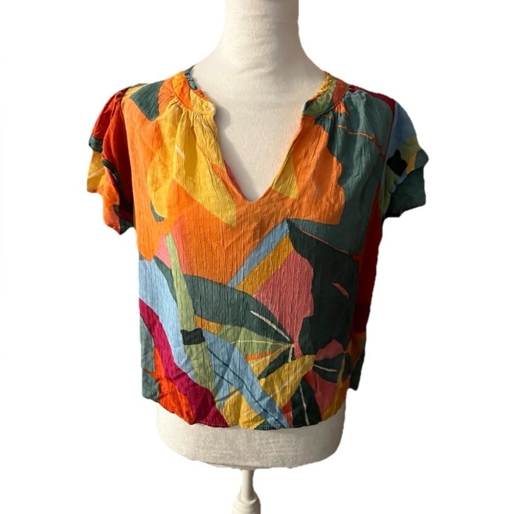 Vintage Christian Siriano Top Sz L Bold Tropical Coastal Palm Rayon Flowy Color